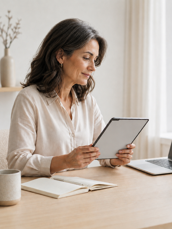 Mujer revisando información en una tablet desde su escritorio.