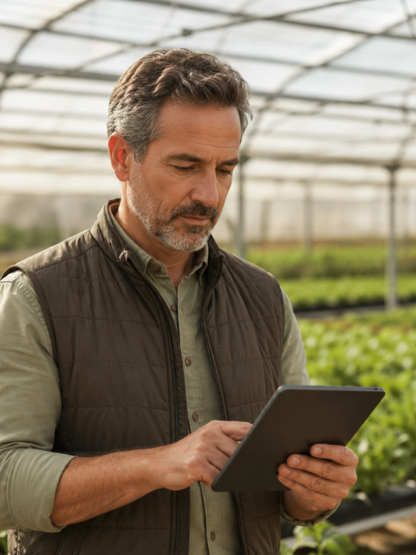 Agricultor utilizando una tablet en un invernadero.