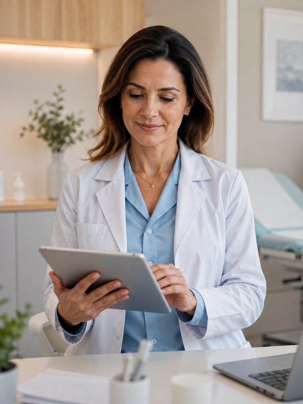 Doctora utilizando una tablet en una consulta médica.