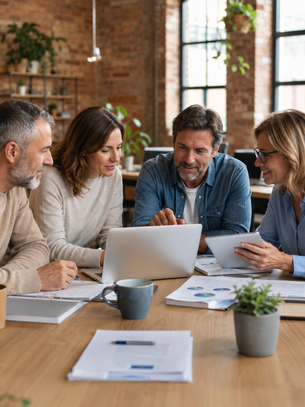 Equipo de profesionales reunido revisando información en un portátil.
