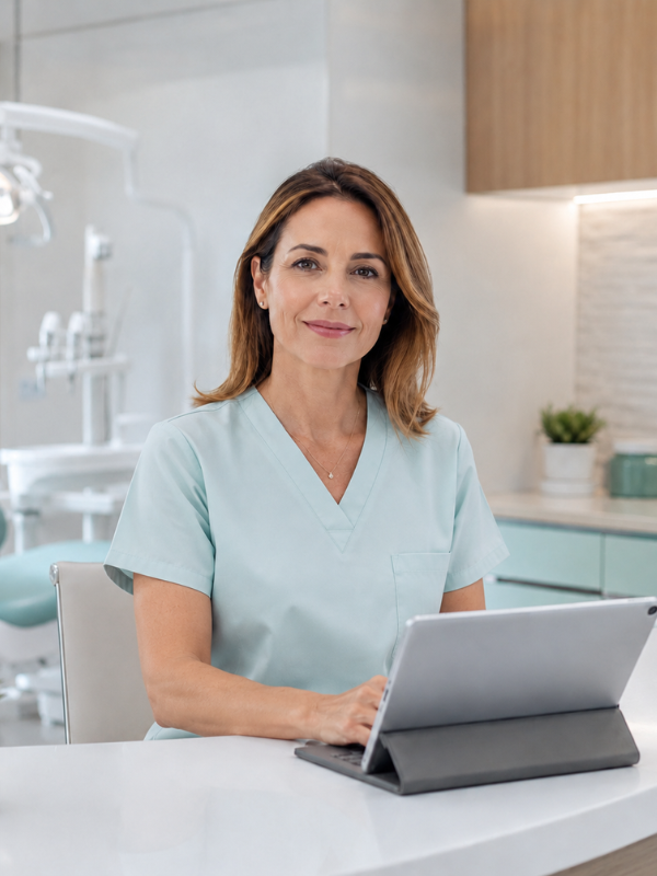 Dentista utilizando una tablet en una clínica dental.