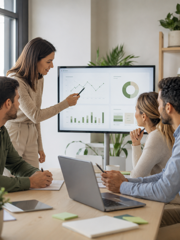 Equipo de trabajo analizando gráficos y métricas en una reunión.