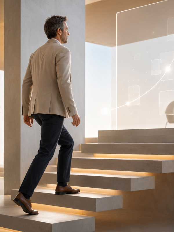 Hombre subiendo unas escaleras en un espacio moderno y tecnológico.
