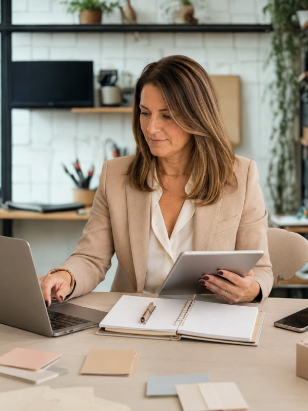 Profesional gestionando tareas y documentos desde portátil y tablet.