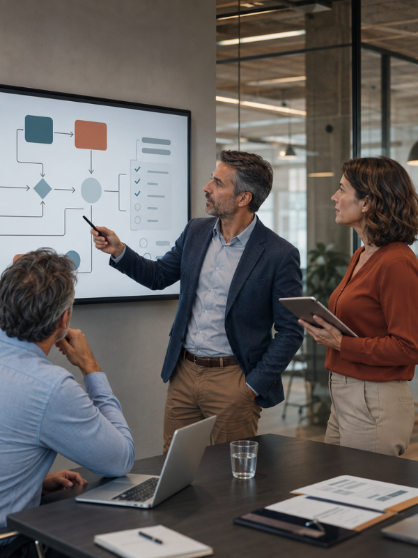 Equipo empresarial revisando procesos y diagramas en una reunión.