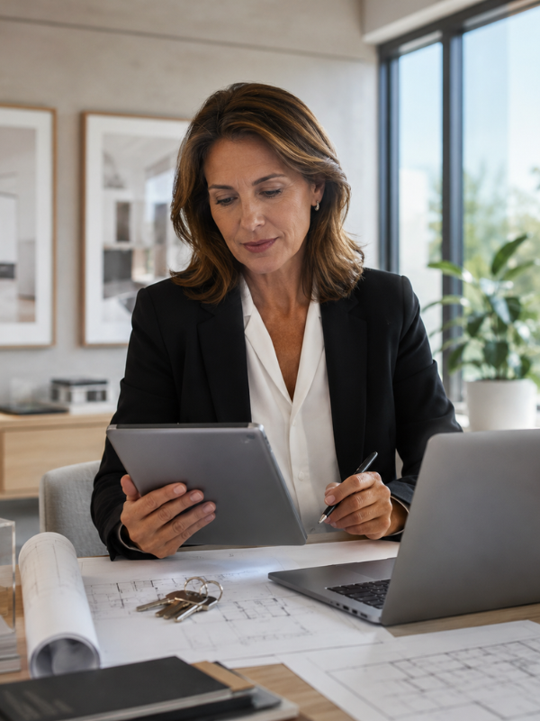 Asesora inmobiliaria revisando planos y documentos desde una tablet.