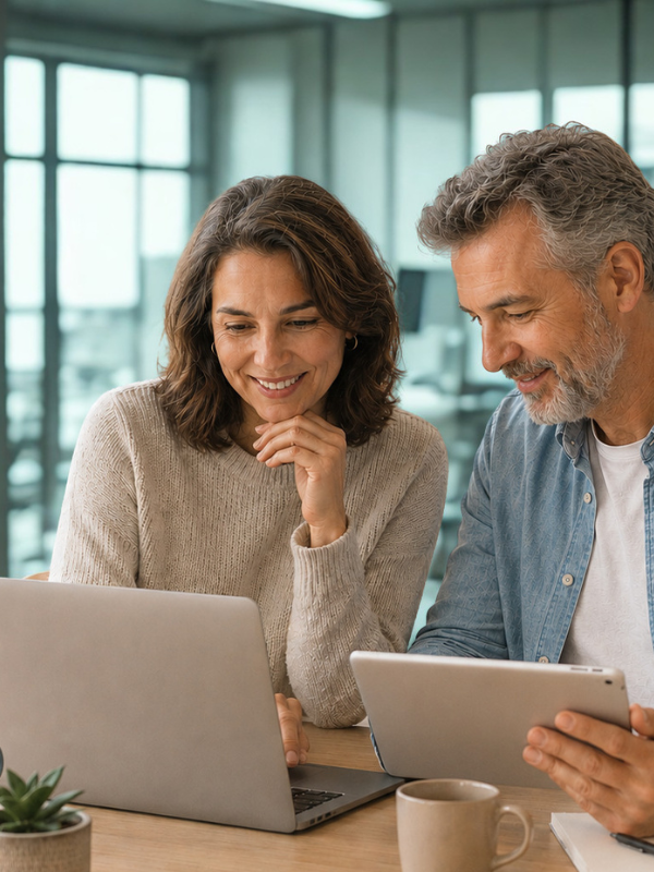 Dos profesionales revisando información en un portátil y una tablet.