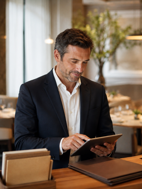 Hombre utilizando una tablet para gestionar un restaurante.