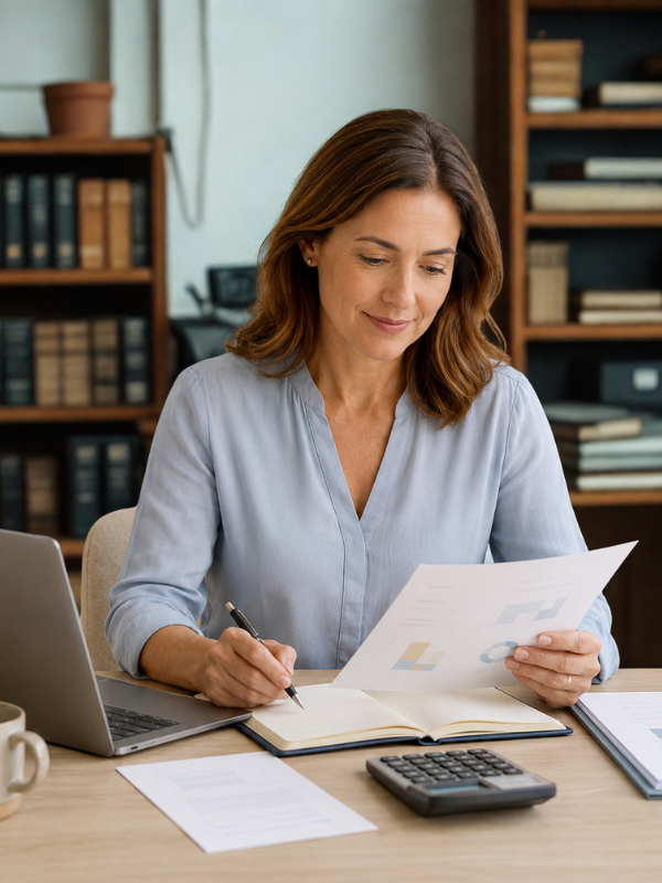 Mujer revisando documentos financieros desde su escritorio.