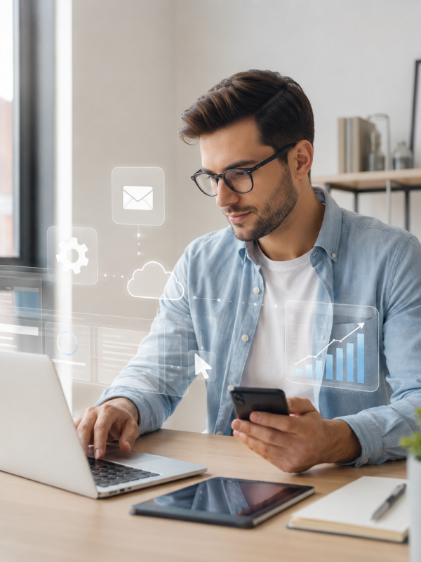 Hombre utilizando portátil y móvil con herramientas digitales de gestión.
