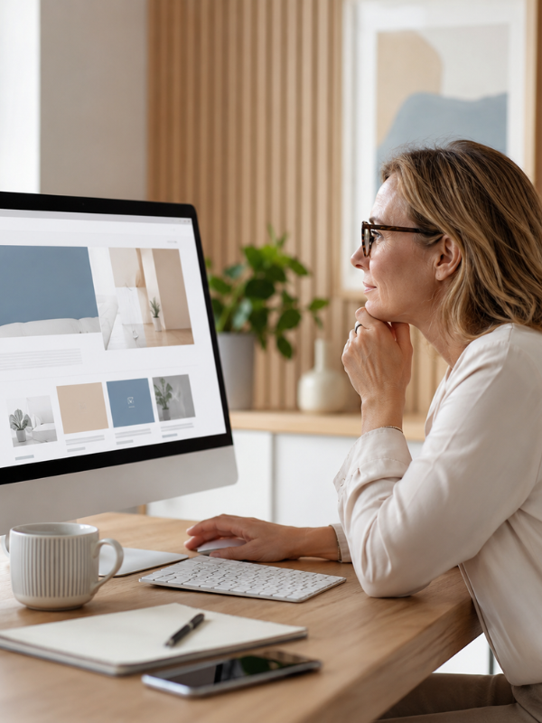 Mujer revisando una página web desde un ordenador de escritorio.