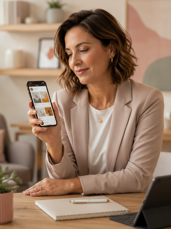 Mujer mostrando contenido de redes sociales desde un teléfono móvil.
