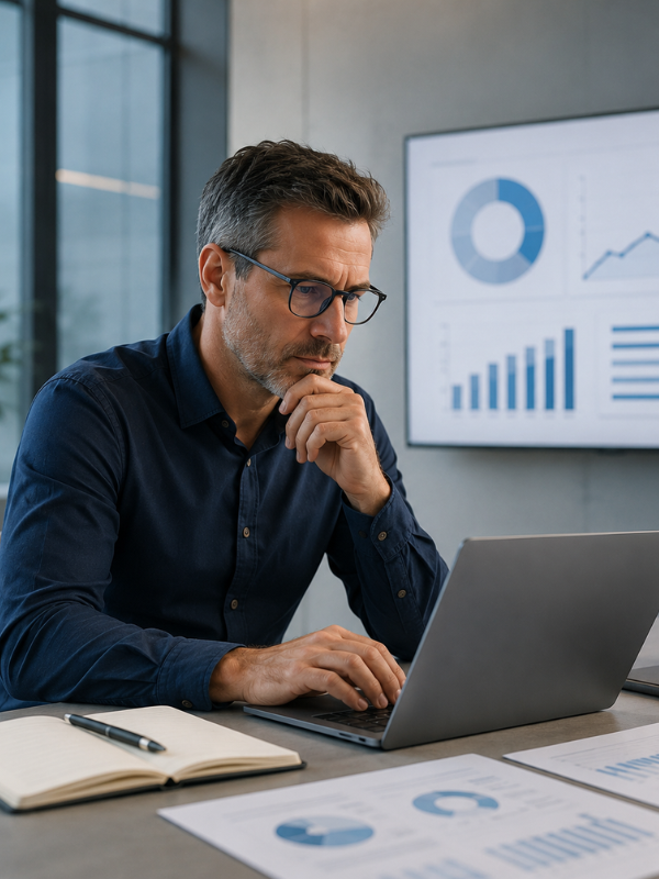 Profesional analizando métricas SEO y gráficos desde un portátil.