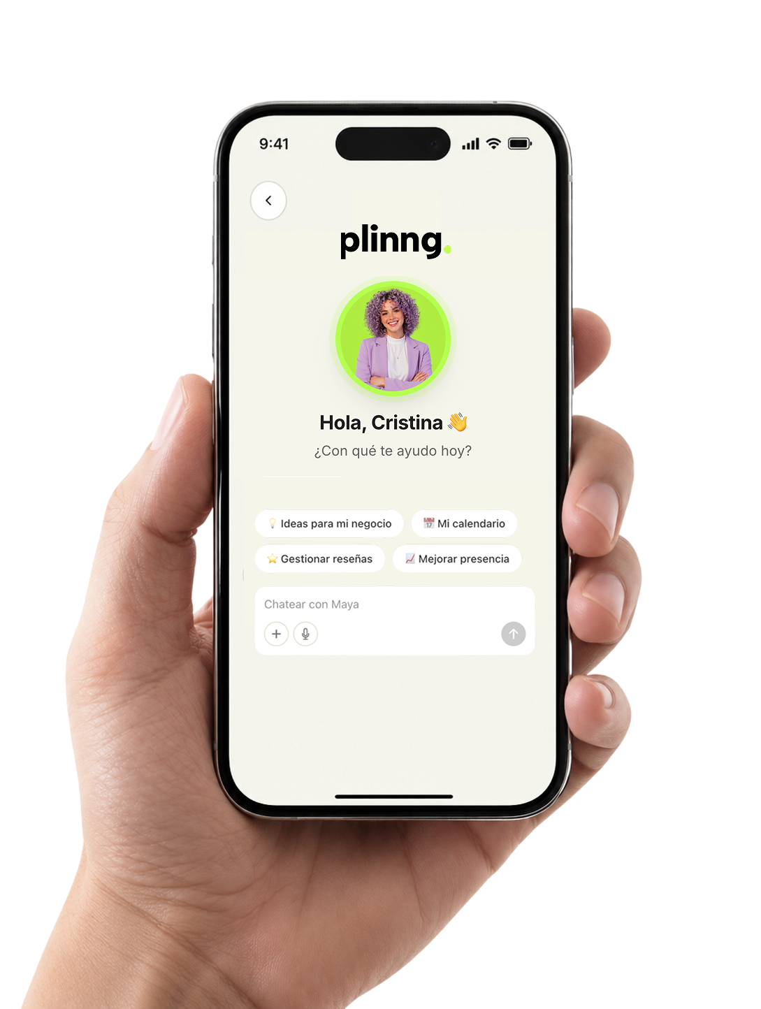Mano sosteniendo teléfono móvil, se visualiza aplicación plinng